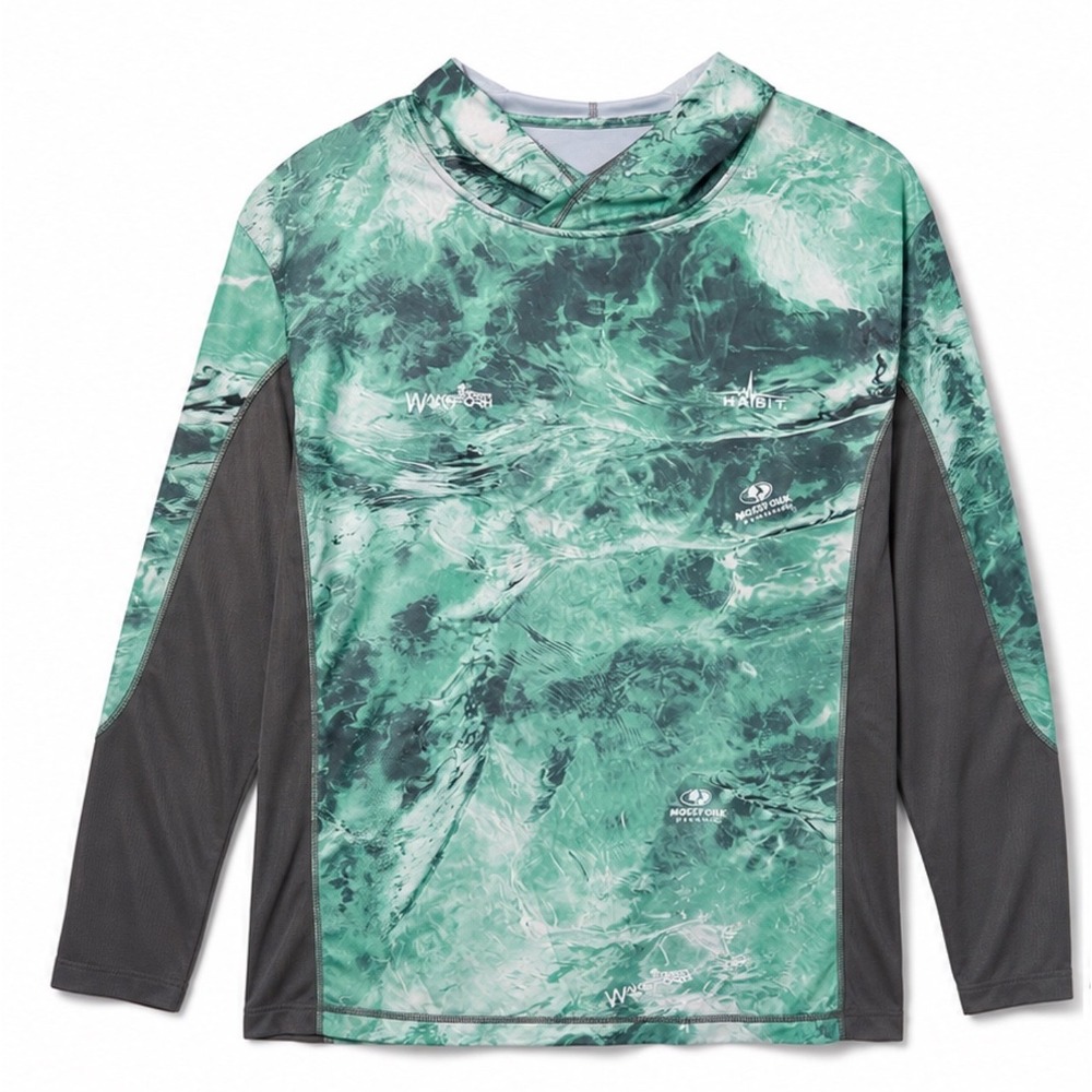 Habit Mossy Oak Fishing Hoodie Men Green Wakeform Camo UPF Sun Shirt Performance